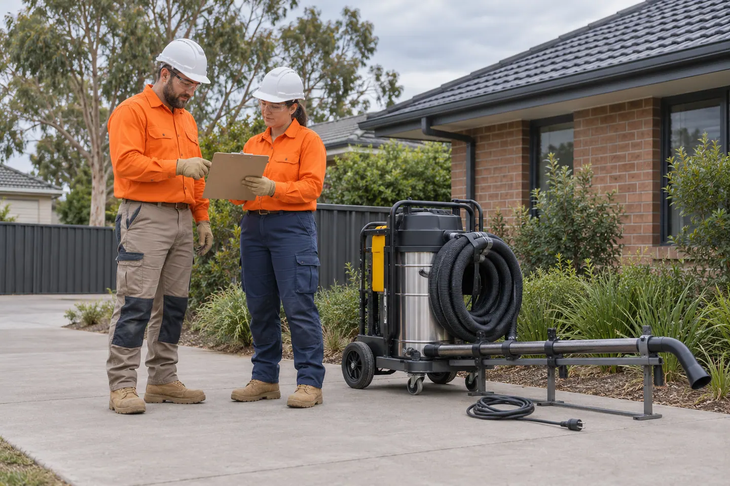 Two cleaners plan gutter vacuuming beside parked equipment.