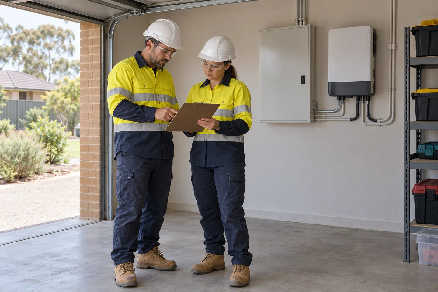 Two electrical tradespeople discuss a job beside closed electrical equipment before work starts.