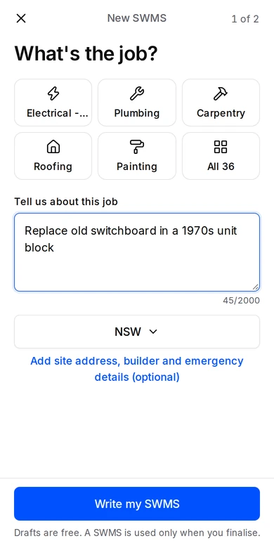 Real create-SWMS phone interface with state NSW and a synthetic switchboard job, ready for review before drafting.