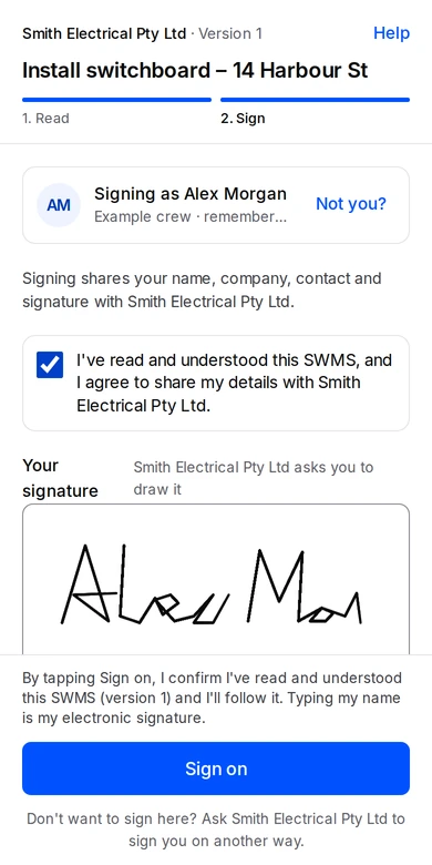 Actual worker sign-on screen with Read and Sign steps and synthetic worker Alex Morgan. Workers do not need an account.
